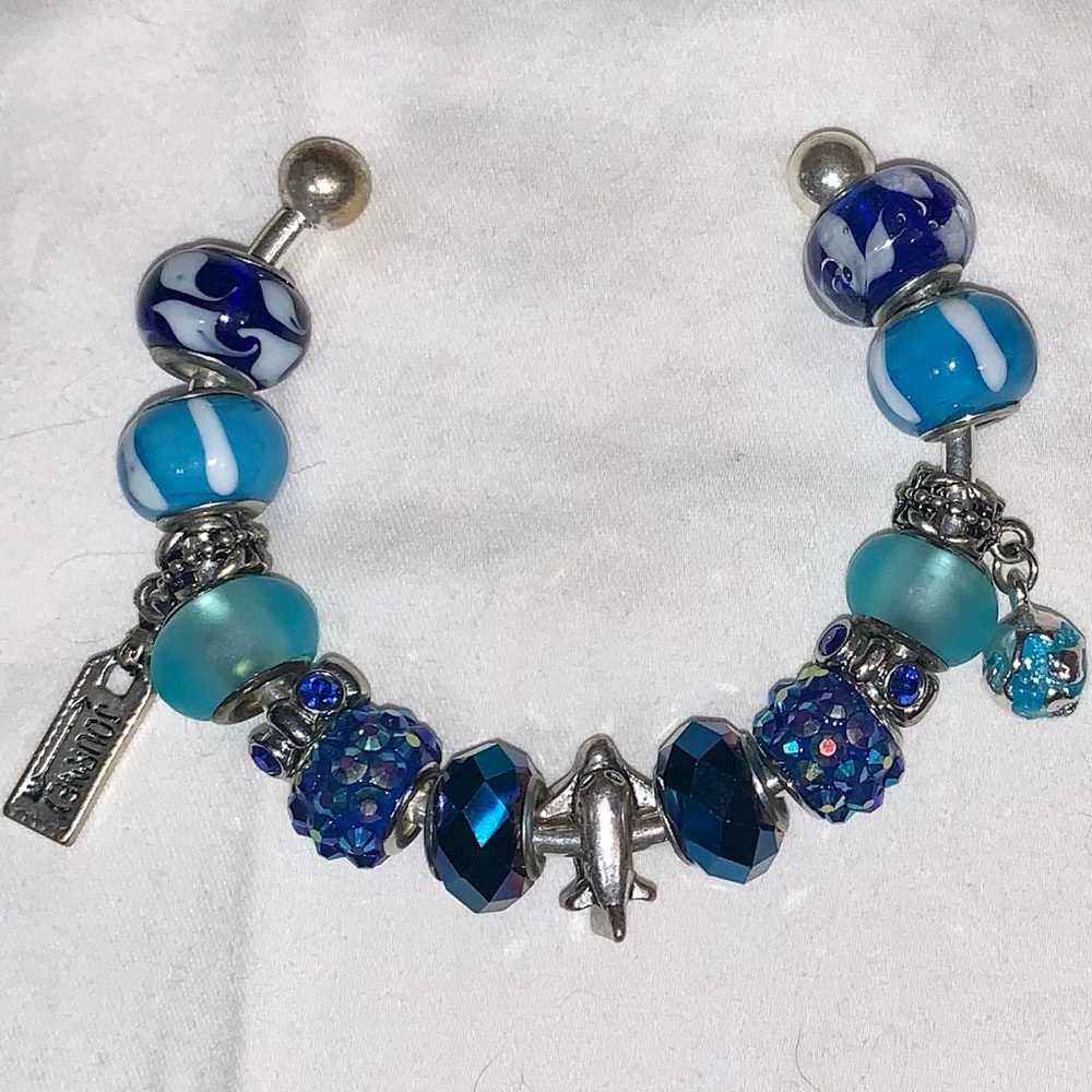 Handmade Bracelet, Blue Travel Vacation Themed. Bracelet is an Open Bracelet.